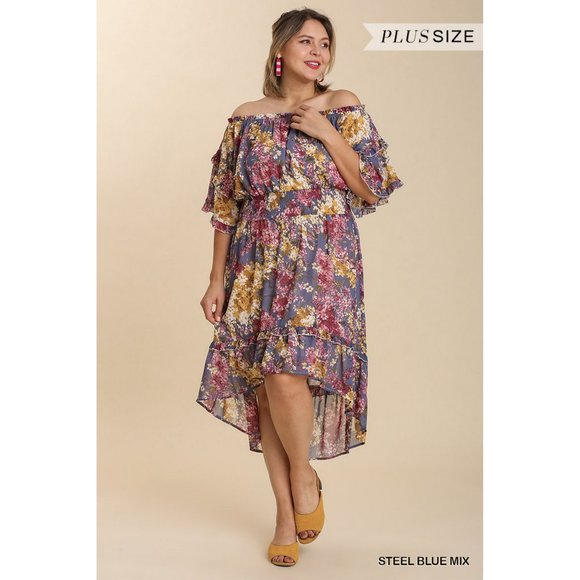 Umgee Dresses & Skirts - Umgee Plus Steel Blue Mix Sheer Floral Print Off Shoulder Ruffle Hem Midi Dress